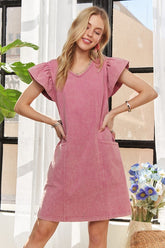 ADORA Mineral Washed V-Neck Ruffled Cap Sleeve Dress OutfitFlow